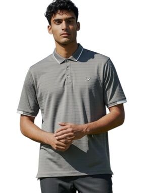 Callaway Grey/White Trim Textured Stripe Polo Shirt (L)